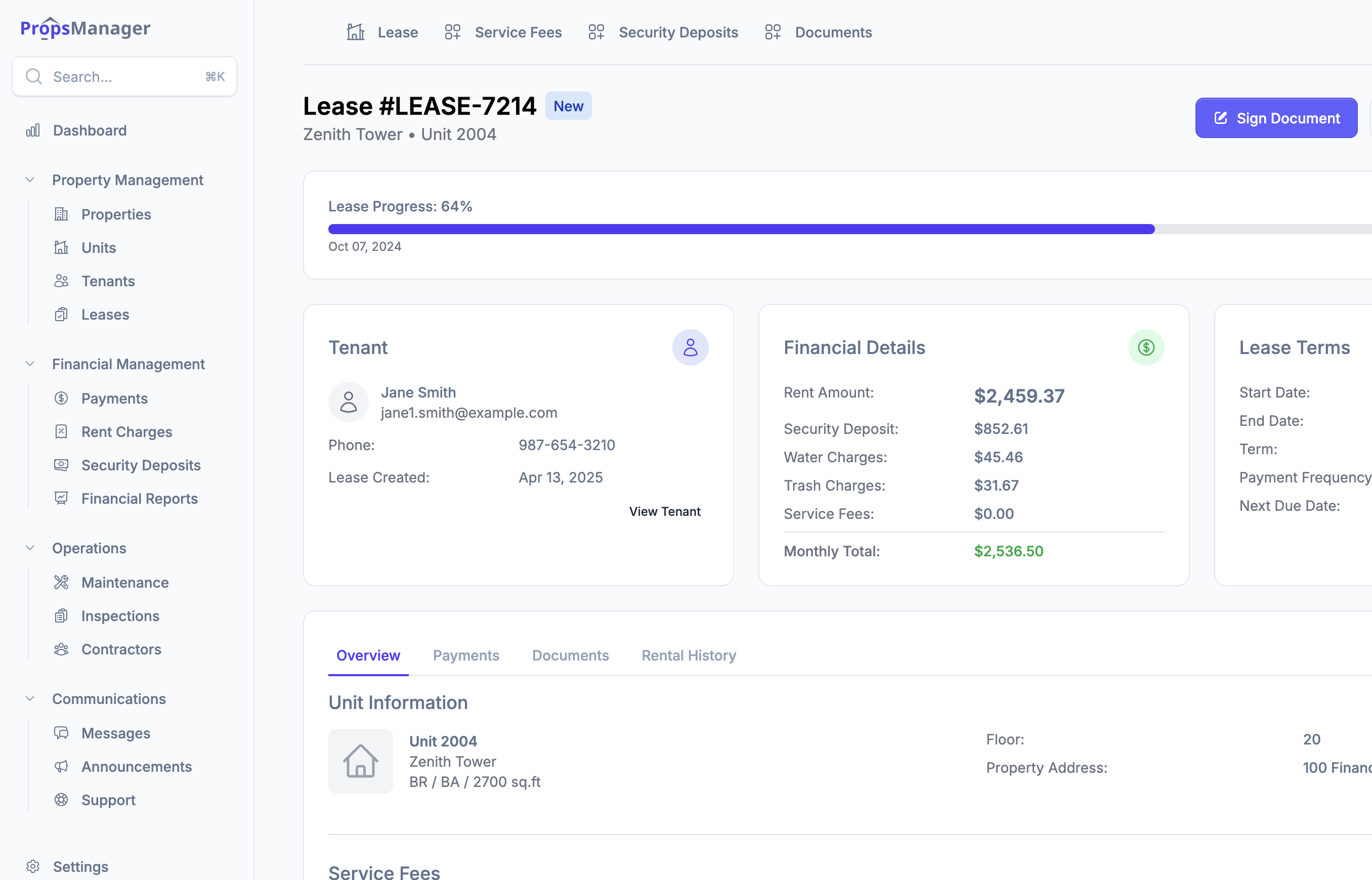 PropsManager detailed dashboard view focusing on lease management
